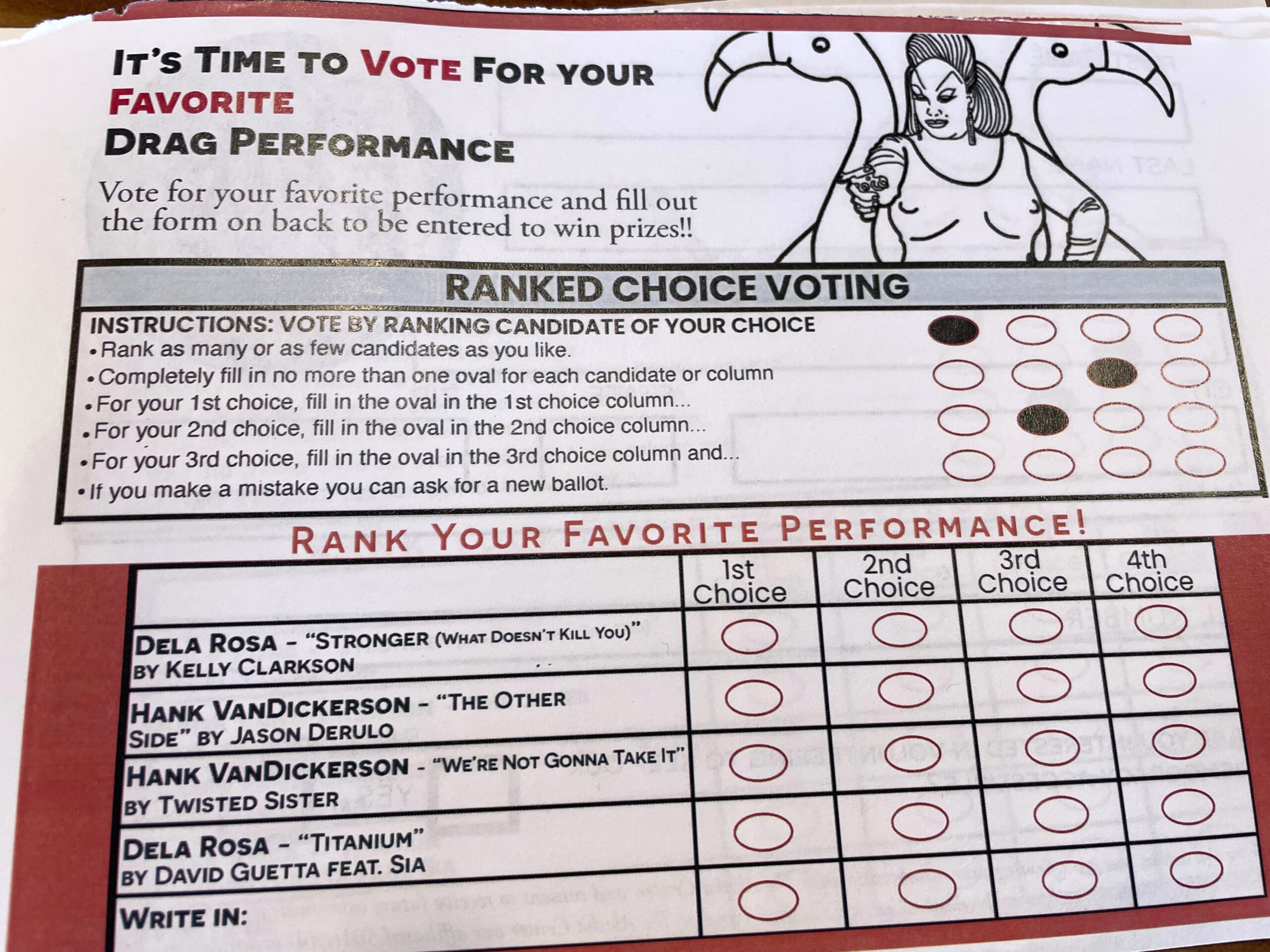 a ranked choice ballot asks people to vote for their favorite drag performance