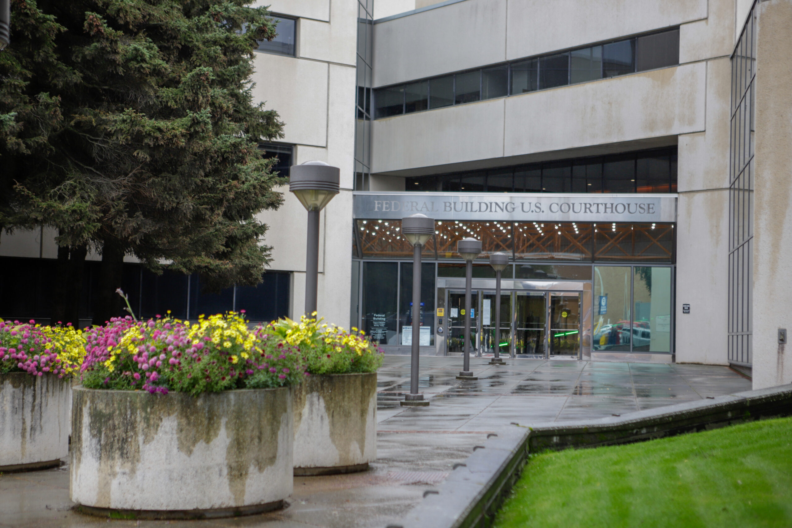 Potted plants and thoroughfare lights statement nan way toward a building. The motion supra nan entranceway sounds "Federal Building U.S. Courthouse."