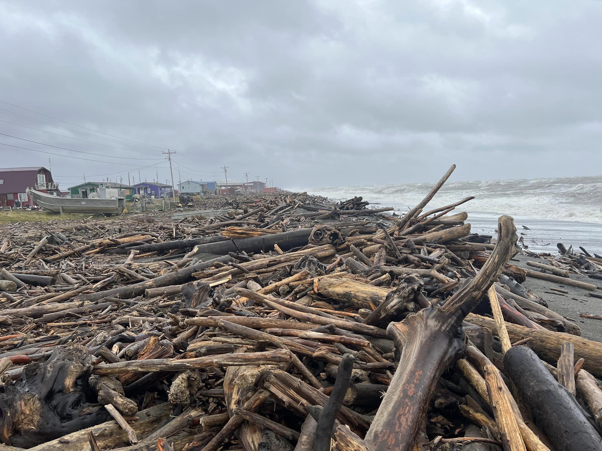 branches piled up on the beach to prevent further damage from flooding.