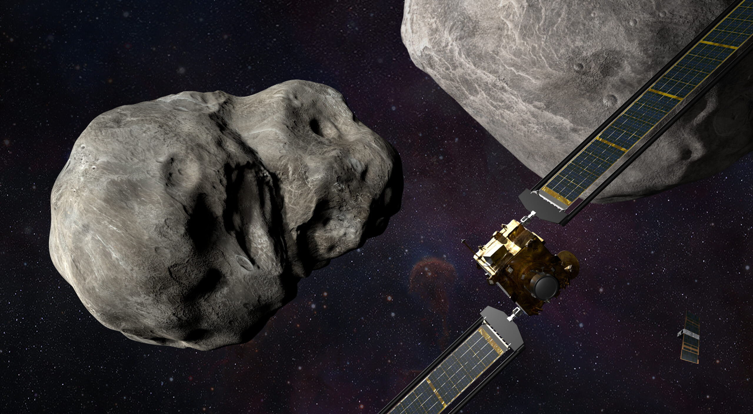 This illustration shows the DART spacecraft approaching the two asteroids, 