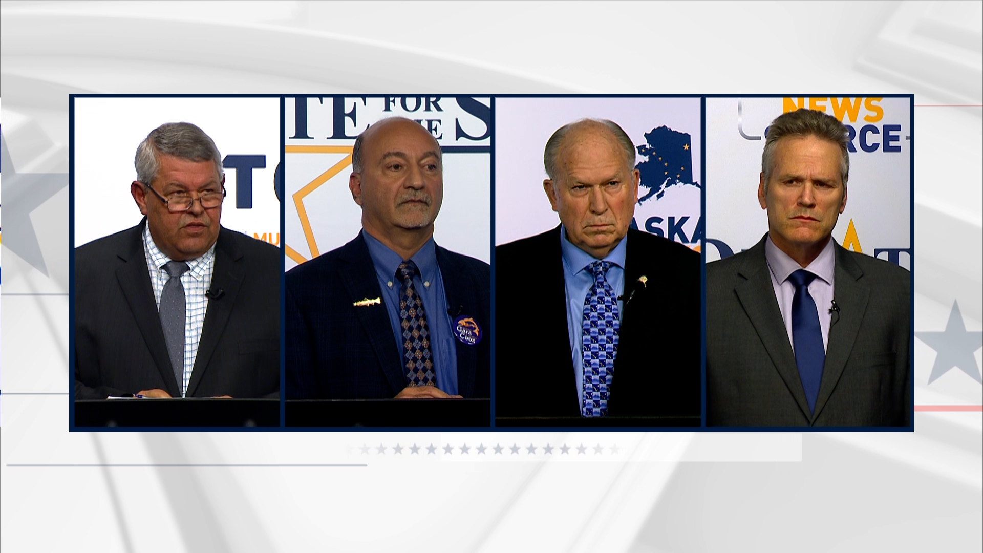 Republican Charlie Pierce, Democrat Les Gara, independent Bill Walker and Republican incumbent Mike Dunleavy