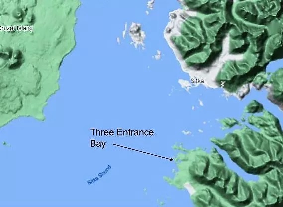 a map of Three Entrance Bay near Sitka