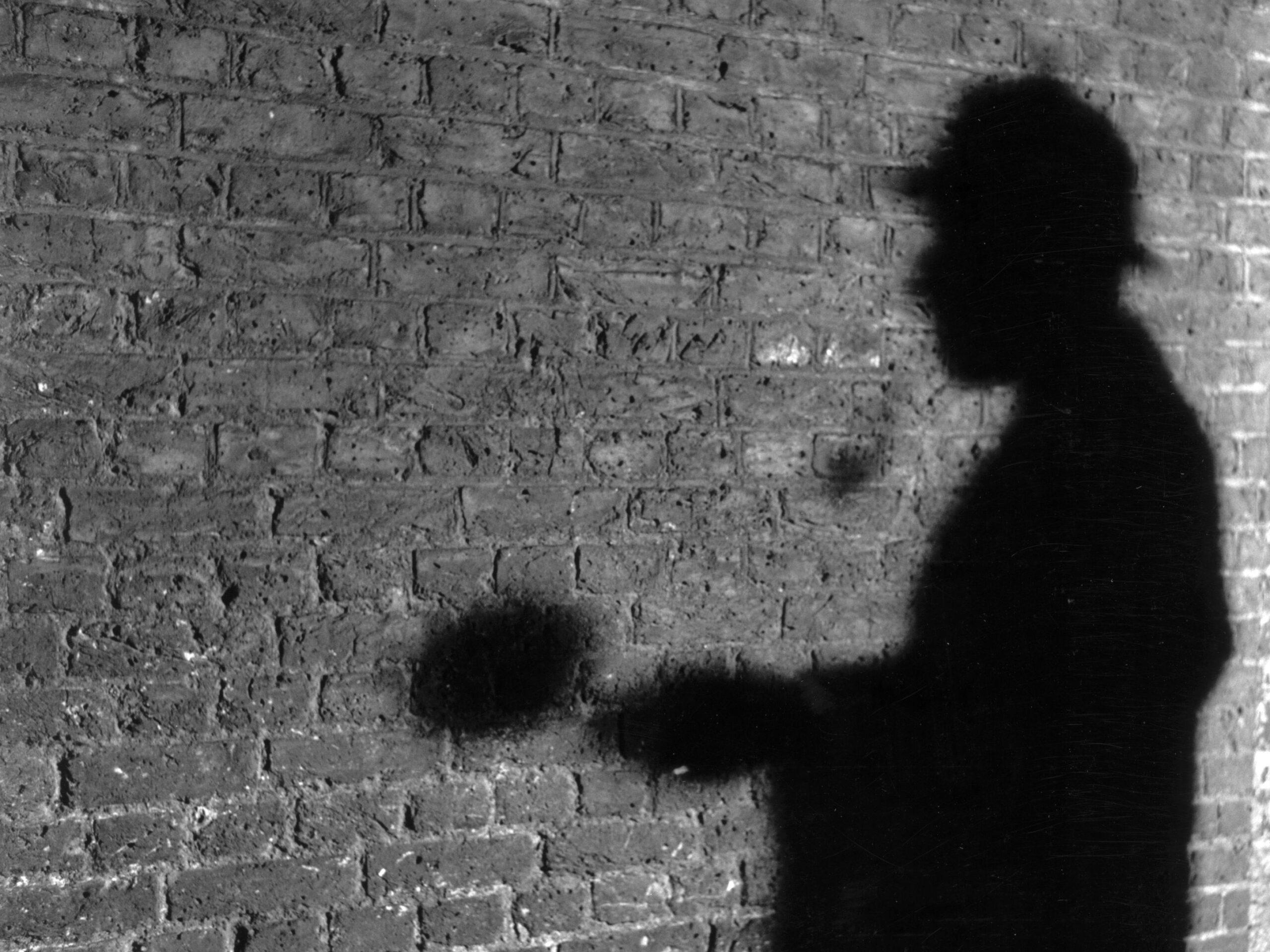 a shadow of a man against a brick wall