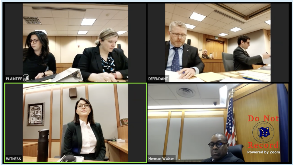 a screenshot of four images, of people in court and a judge