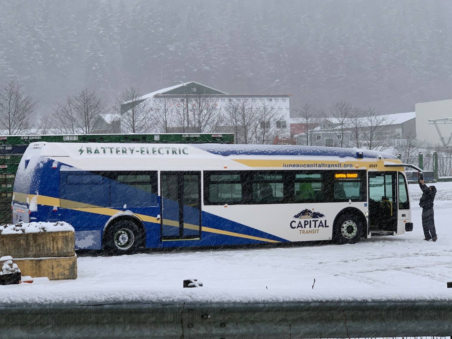 an electric bus in the snow
