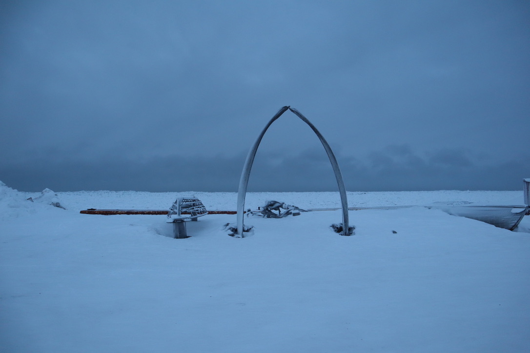 whale bones create an arch outside, in the snow