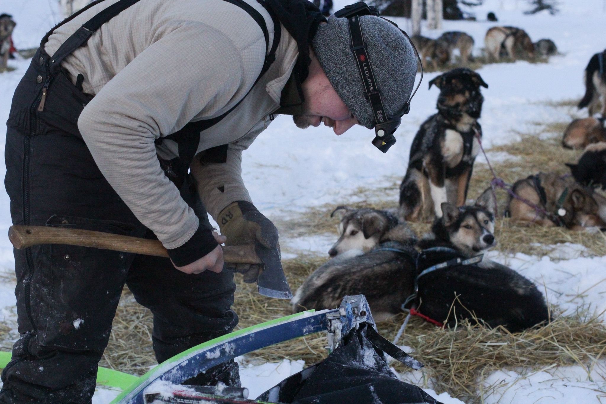 A musher scrapes sled runners with an ax