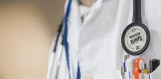 Close up of doctor's coat with stethoscope