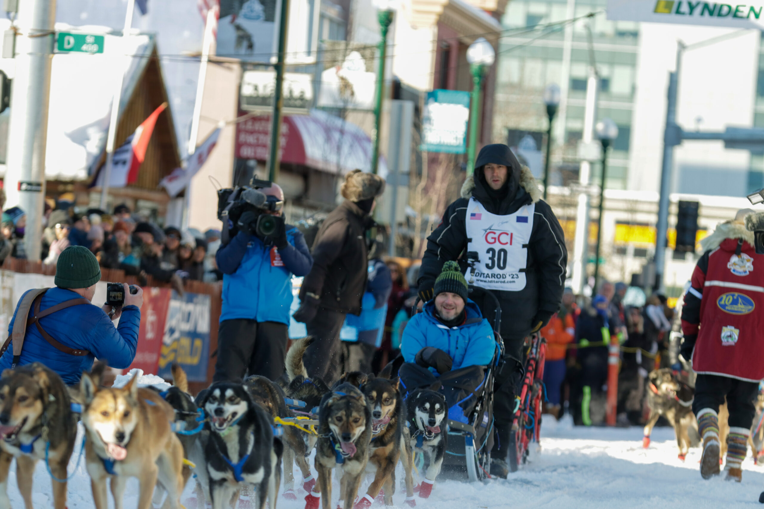 A man on a sled is being pulled by multiple dogs.