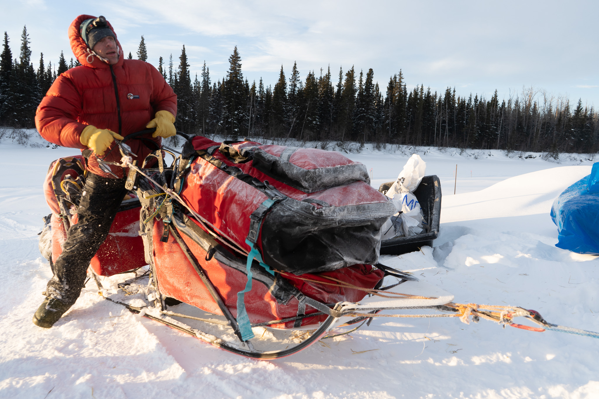 A musher in a red jacket pushes off his sled.