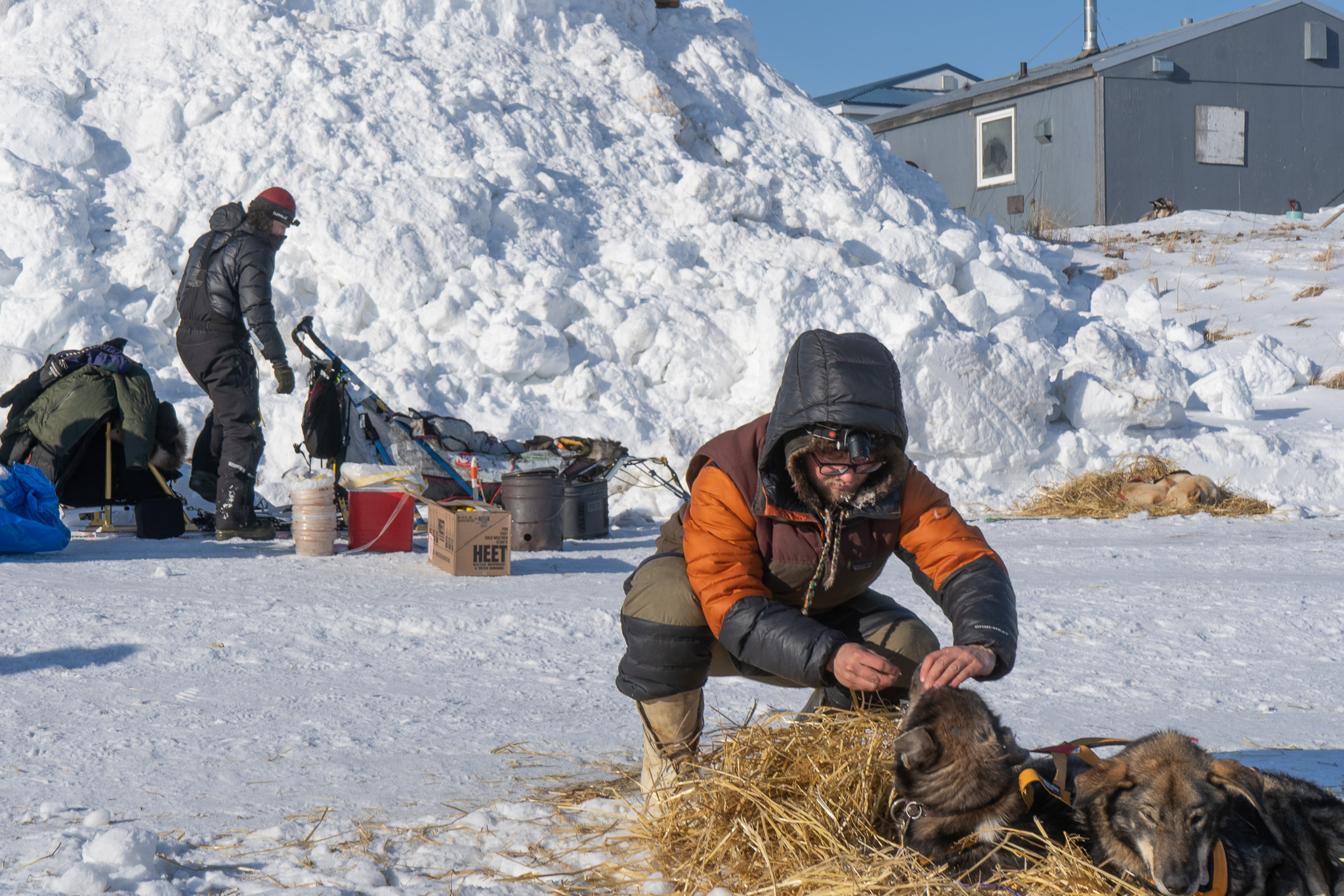 A person puts food in the mouth of his dog while another person stands on a dog sled in a snowy scene