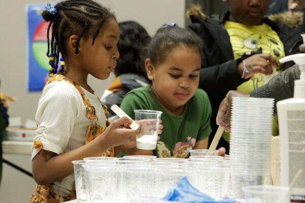 Two students at one of several project stations during at a recent family night education program at Mountainview Elementary