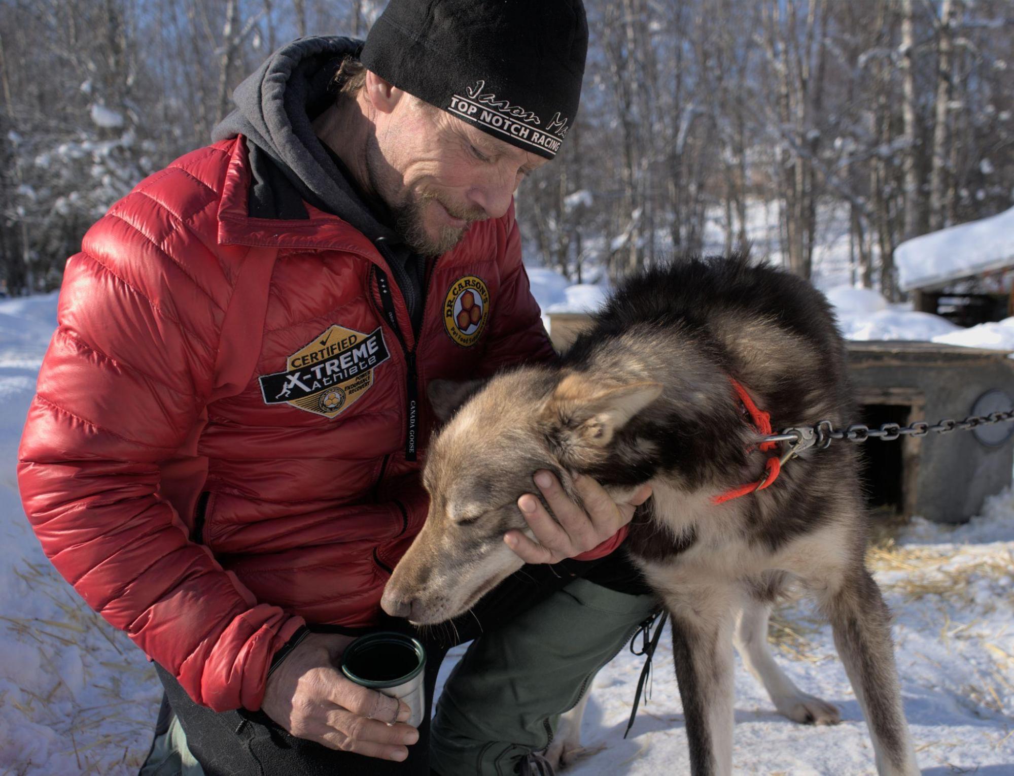 a musher in a red jacket with a dog