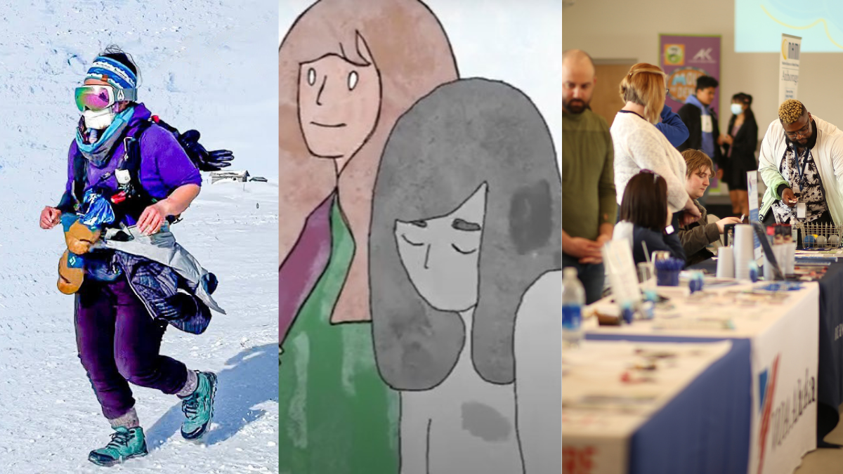 three images, one of a person running, one of an animation and one of people around a table