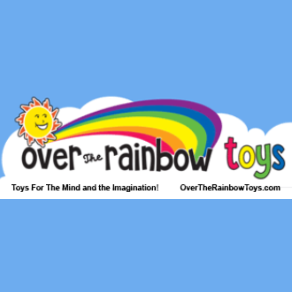 Image of rainbow, blue sky and sun. Text: Over The Rainbow Toys. Toys For The Mind and the Imagination! OverTheRainbowToys.com