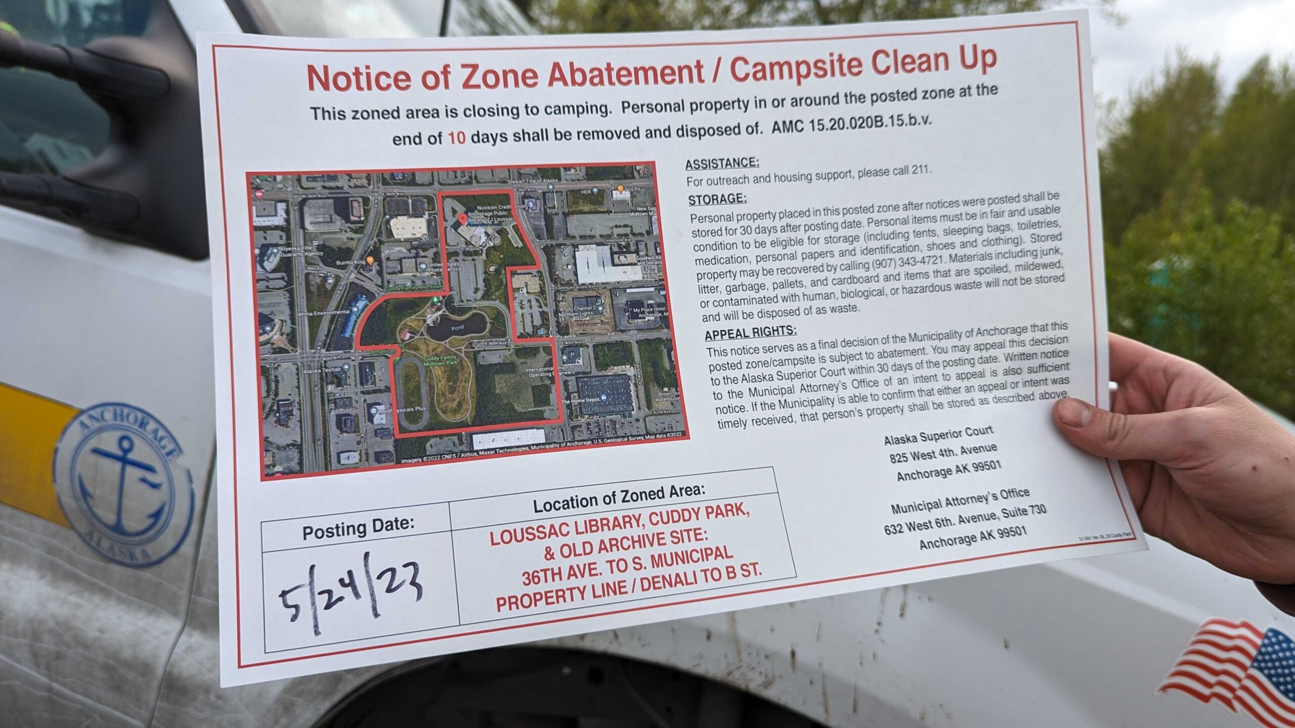 a flyer says "notice of zone abatement/campsite clean up"