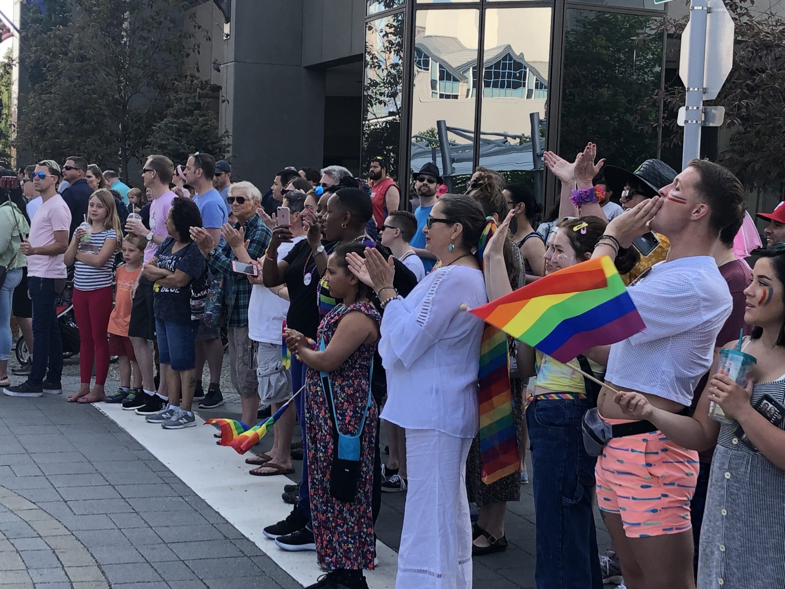 people cheer, clap, and wave rainbow flags