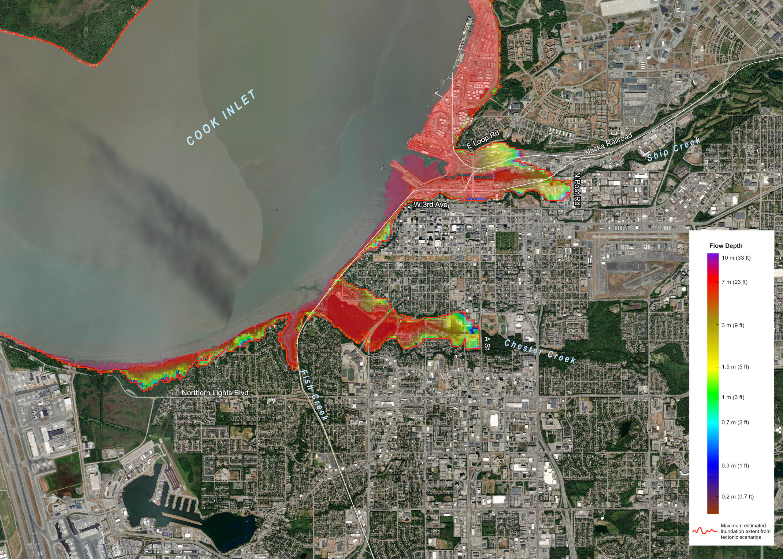 An overhead digital view of part of Anchorage, with red color-coding to show the maximum extent of a potential tsumami.