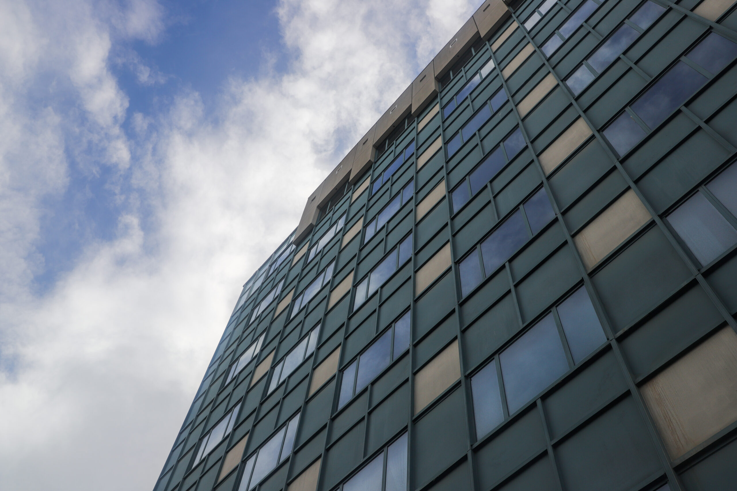 The side of a building, shot at an angle.