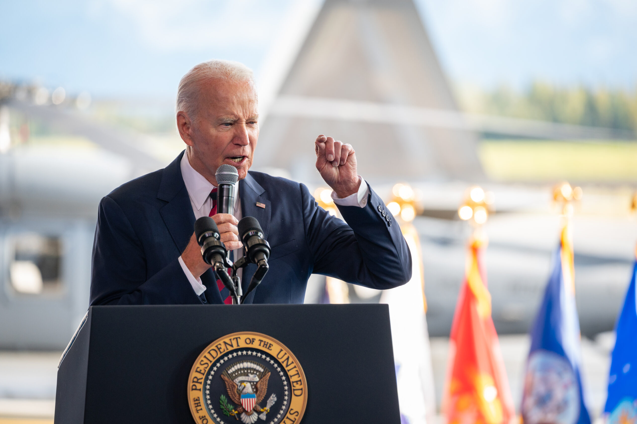 President Joe Biden spoke at Joint Base Elemendorf- Richardson Monday afternoon Commemorating 9/11. September 11, 2023. (Matt Faubion/Alaska Public Media)