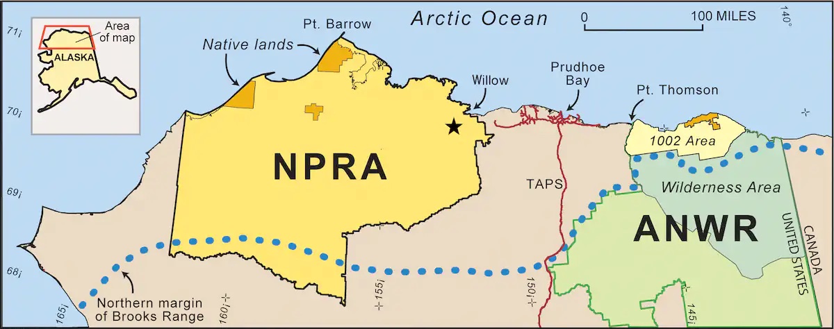 a map of Northern Alaska shows where the NPRA and ANWR are, plus oil developments