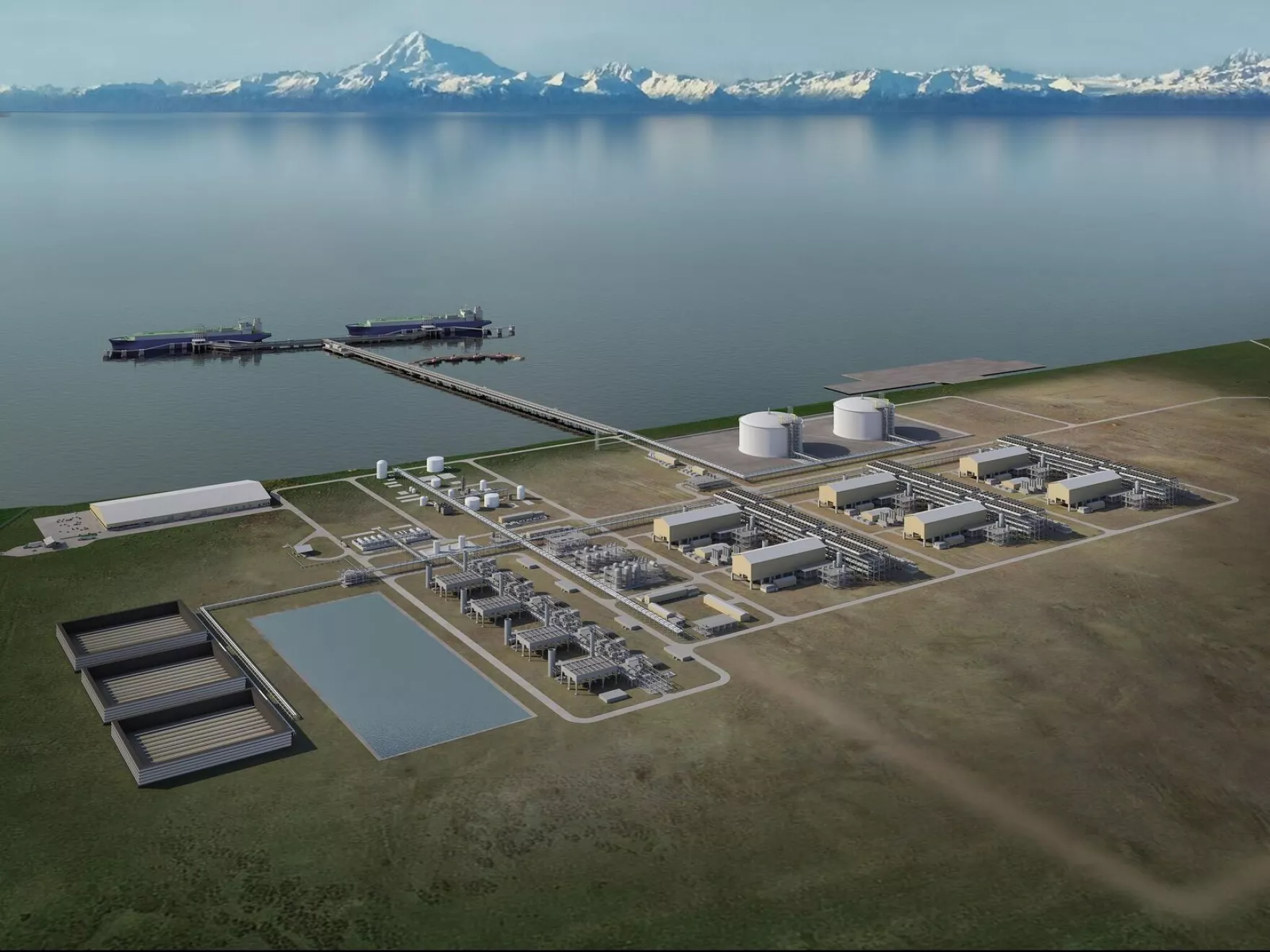 a digital illustration of a coastal gas facility, with snow-capped mountains in the background