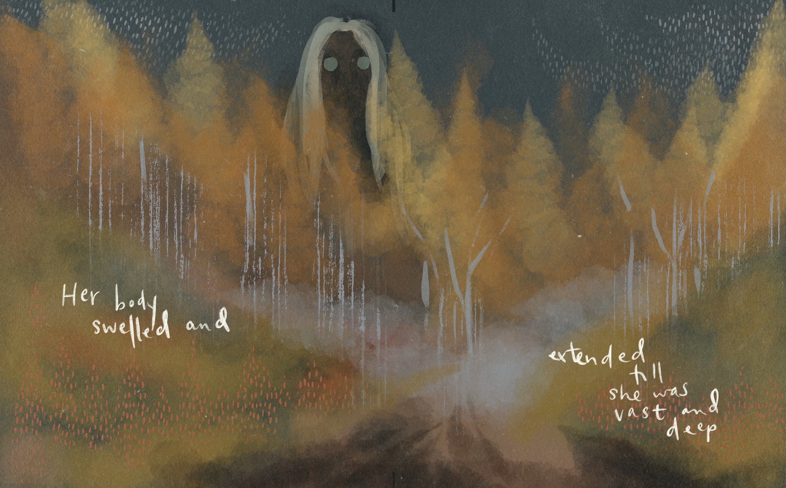 A painting of a fall forest with a ghostly image of a woman merging with the background. The words on the page say "Her body swelled  and extended 'till she was vast and deep. 