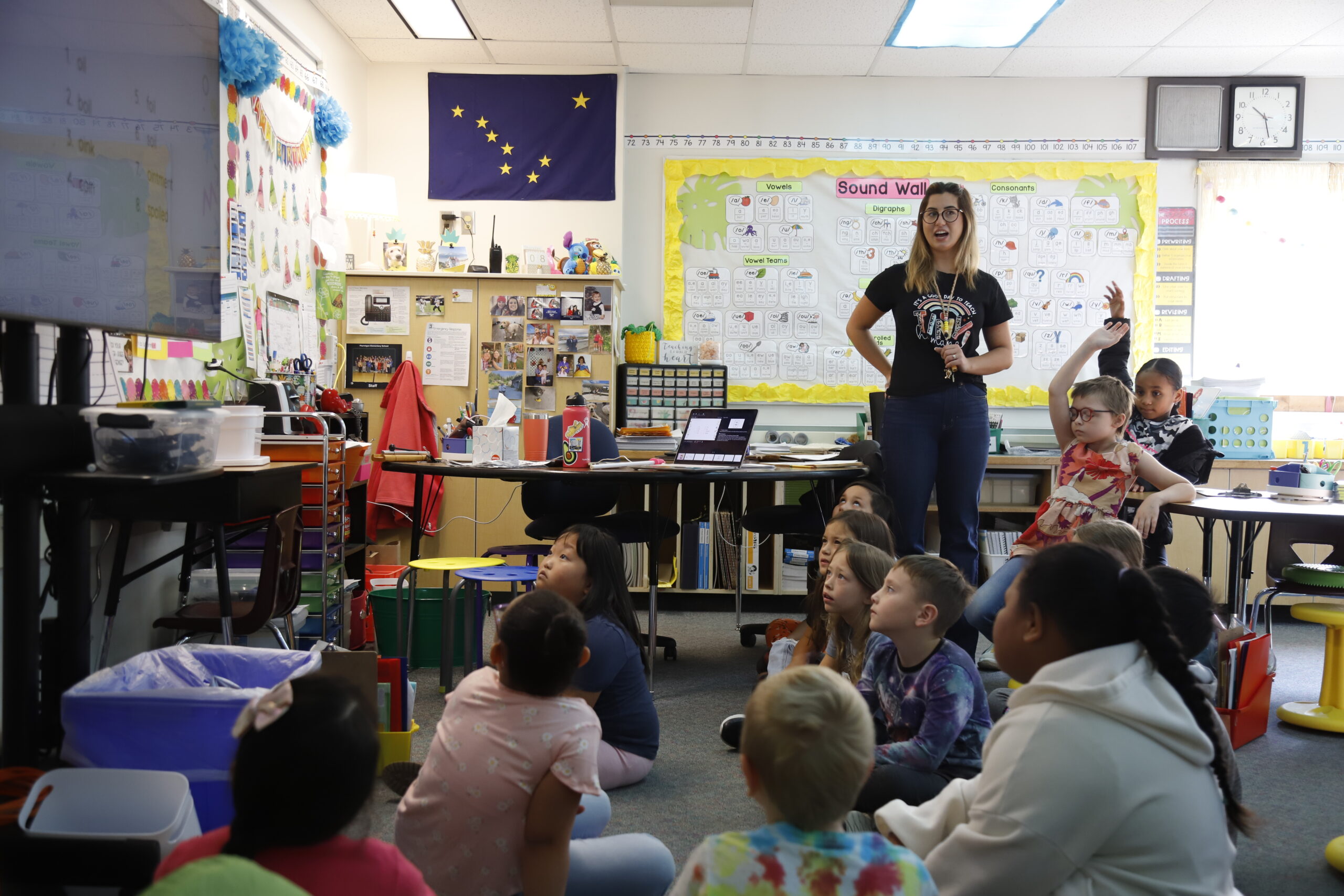 Students in a second grade classroom at Ptarmigan Elementary School in Anchorage receive instruction from student teacher Erisa Koci.