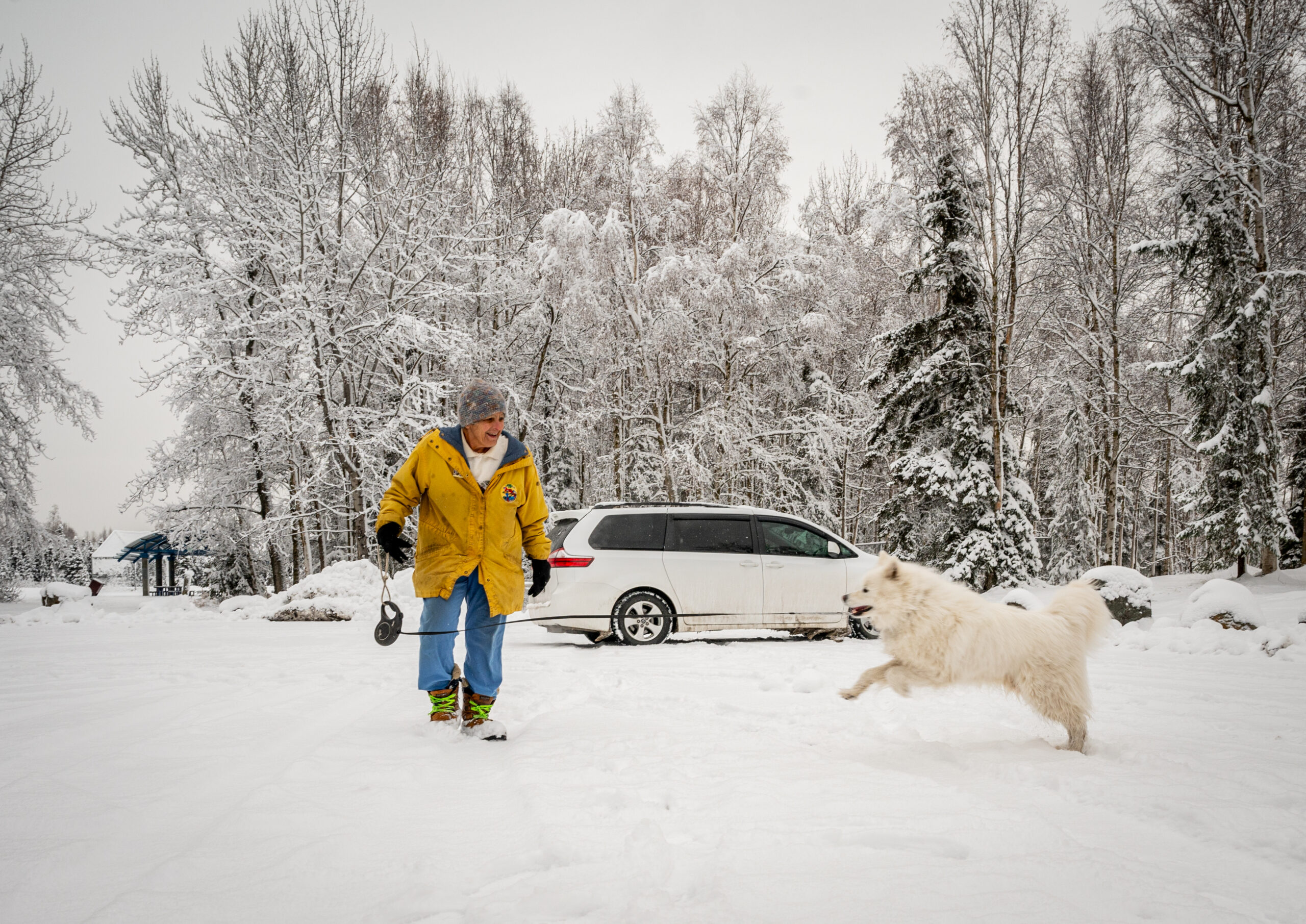A woman in a yellow jacket walks her dog in the snow.