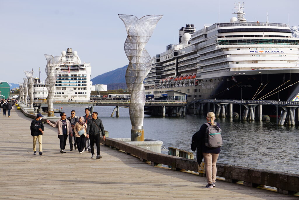 people walking on docks near cruise ships