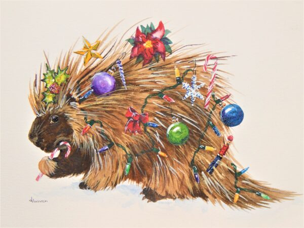 A painting of a porcupine with Christmas decorations in its quills.