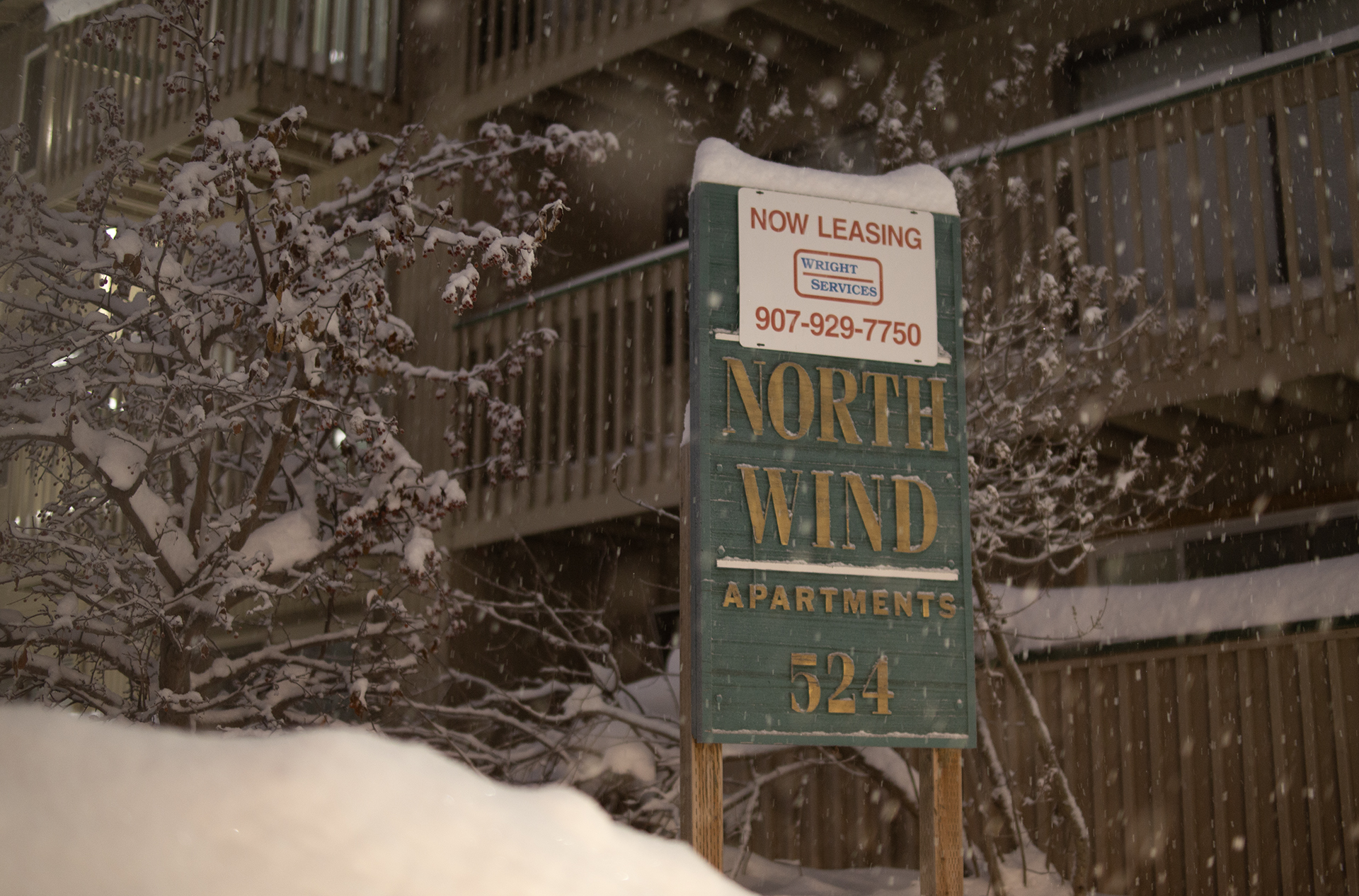 North Wind Apartments with "Now Leasing" sign (for rent)