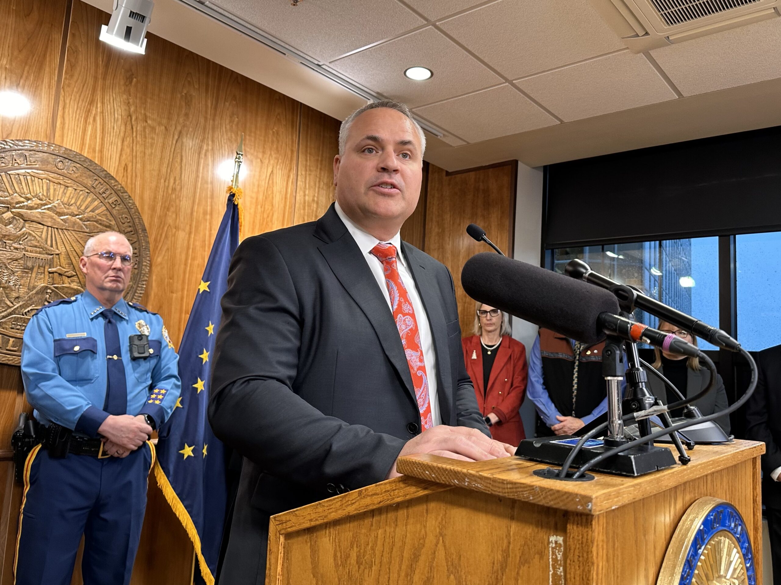 Alaska Attorney General Treg Taylor is shown at a news conference