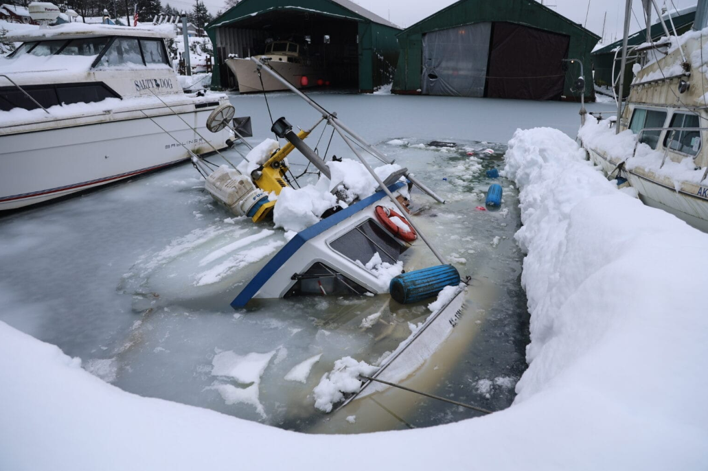 A sunken boat in Aurora Harbor in Juneau, Alaska.