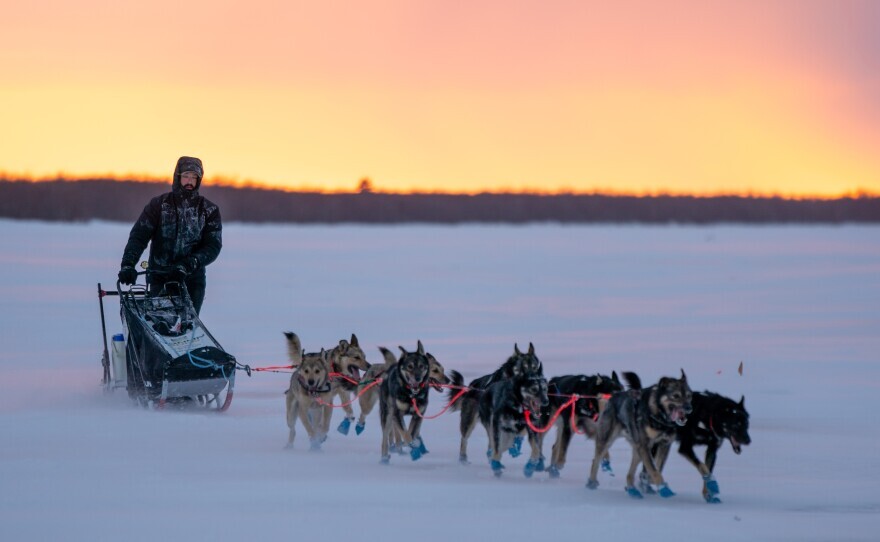 a musher and his dog team on a snowy, flat river