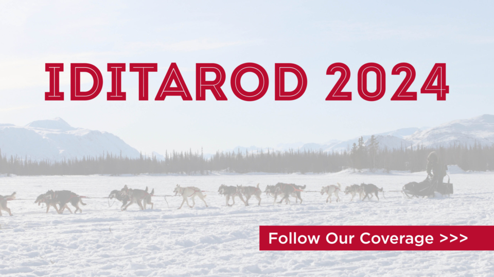 Iditarod 2024. Follow our coverage. Click for coverage. Alaska Public Media. Image of musher and sled dog team.