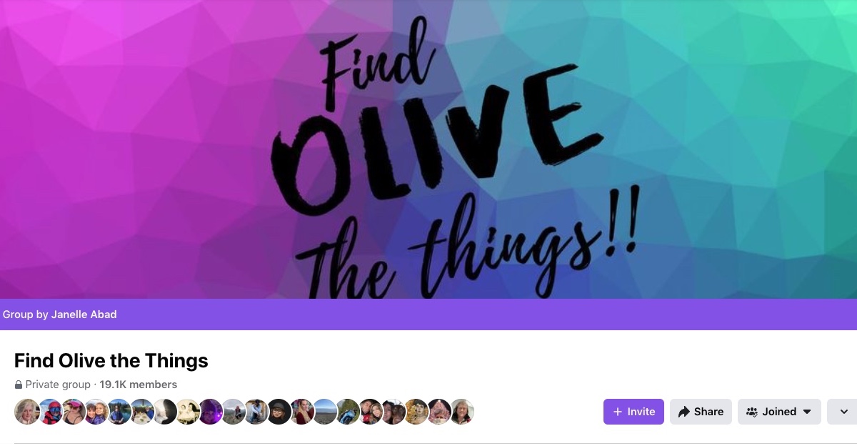 a screenshot of a facebook group, it says "Find Olive the Things!!"