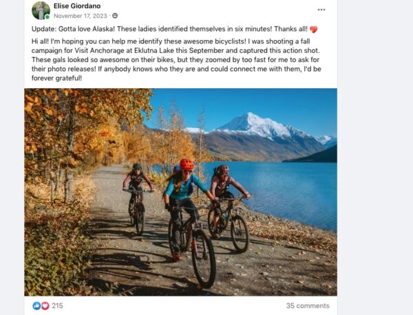 a facebook posts with a photo of three cyclists