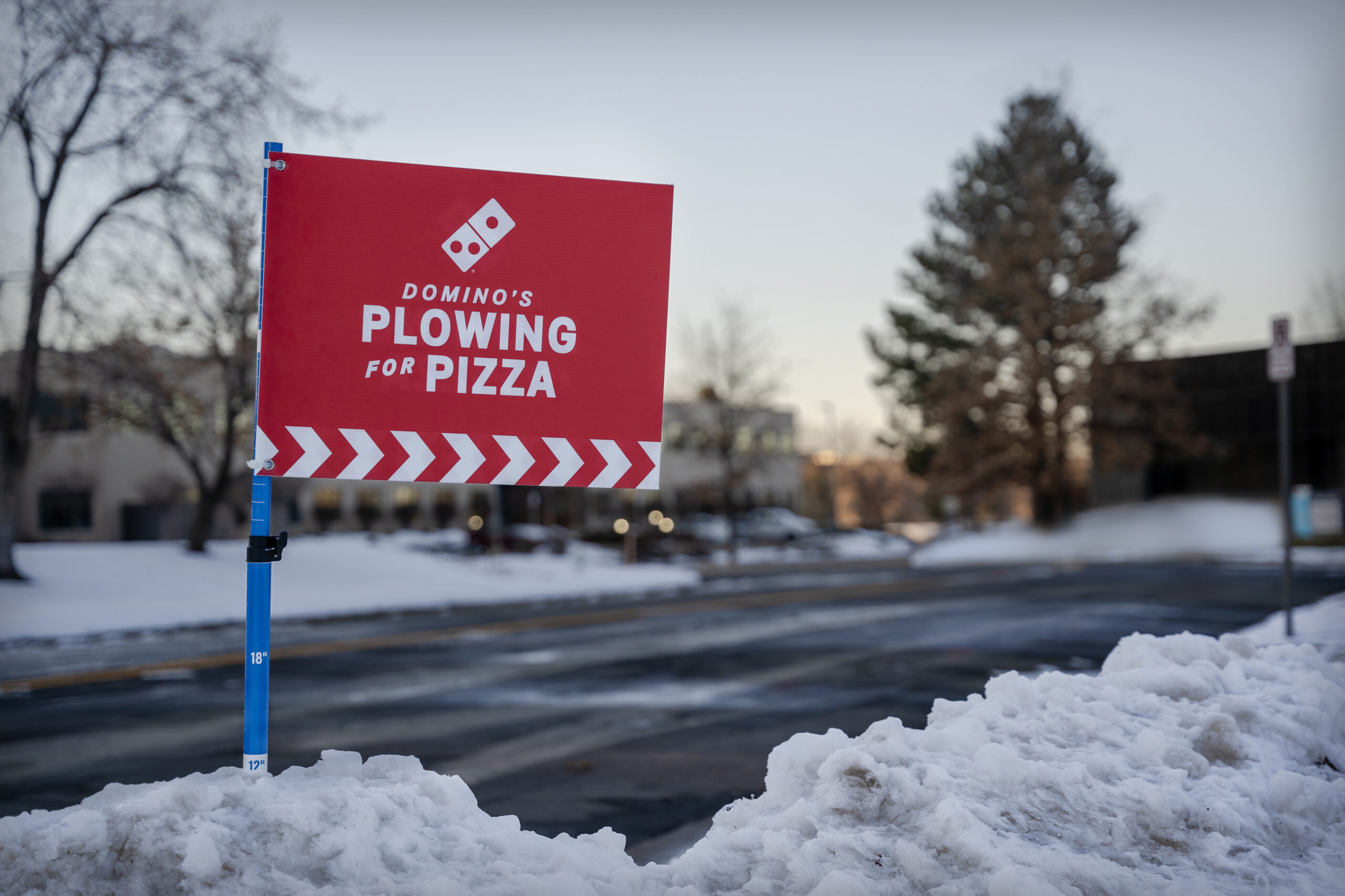 A flag-shaped "Plowing for Pizza" sign planted in snow along a road