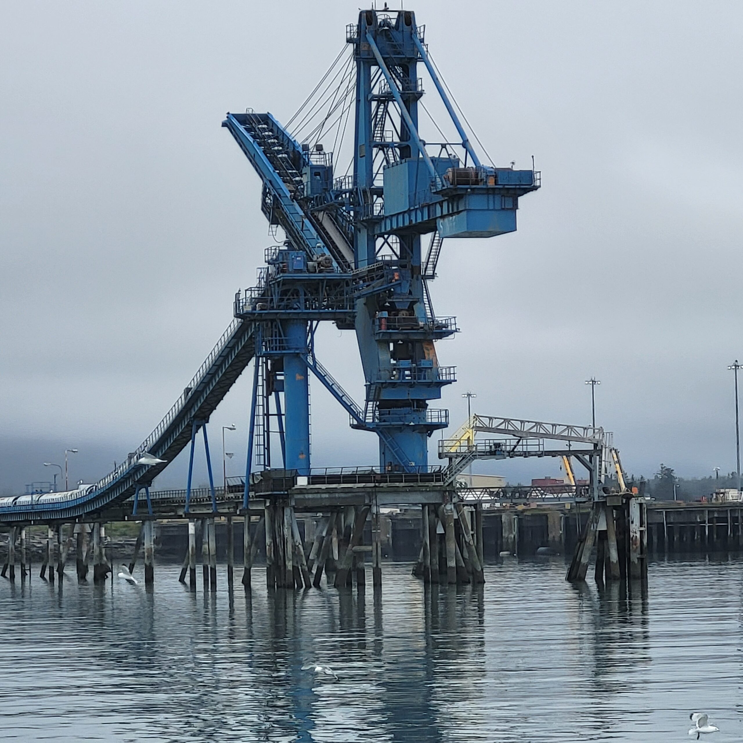 Massive industrial conveyor belt and loading equipment on a dock in a cloudy harbor.