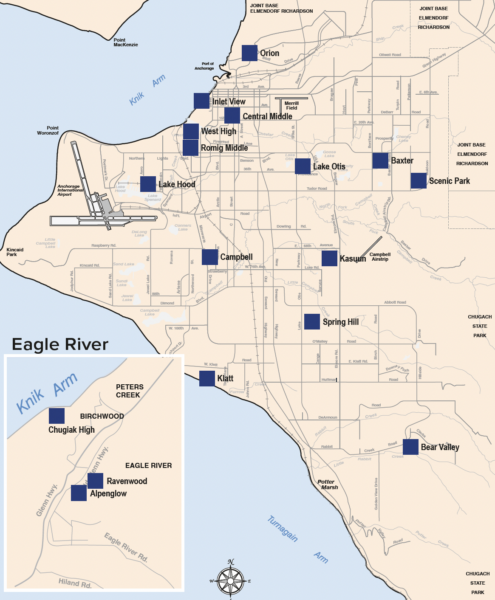 A map showing the Anchorage School District bond projects.