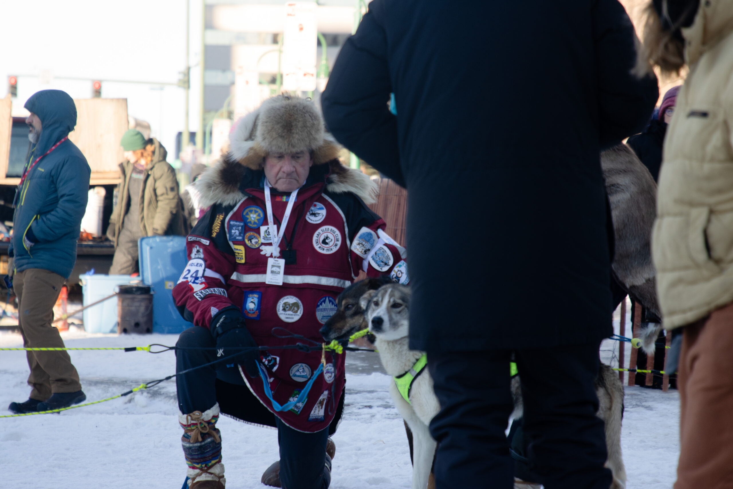 A man with a fur hat and a red jacket that has several iditarod patches on it kneels next to 2 dogs.