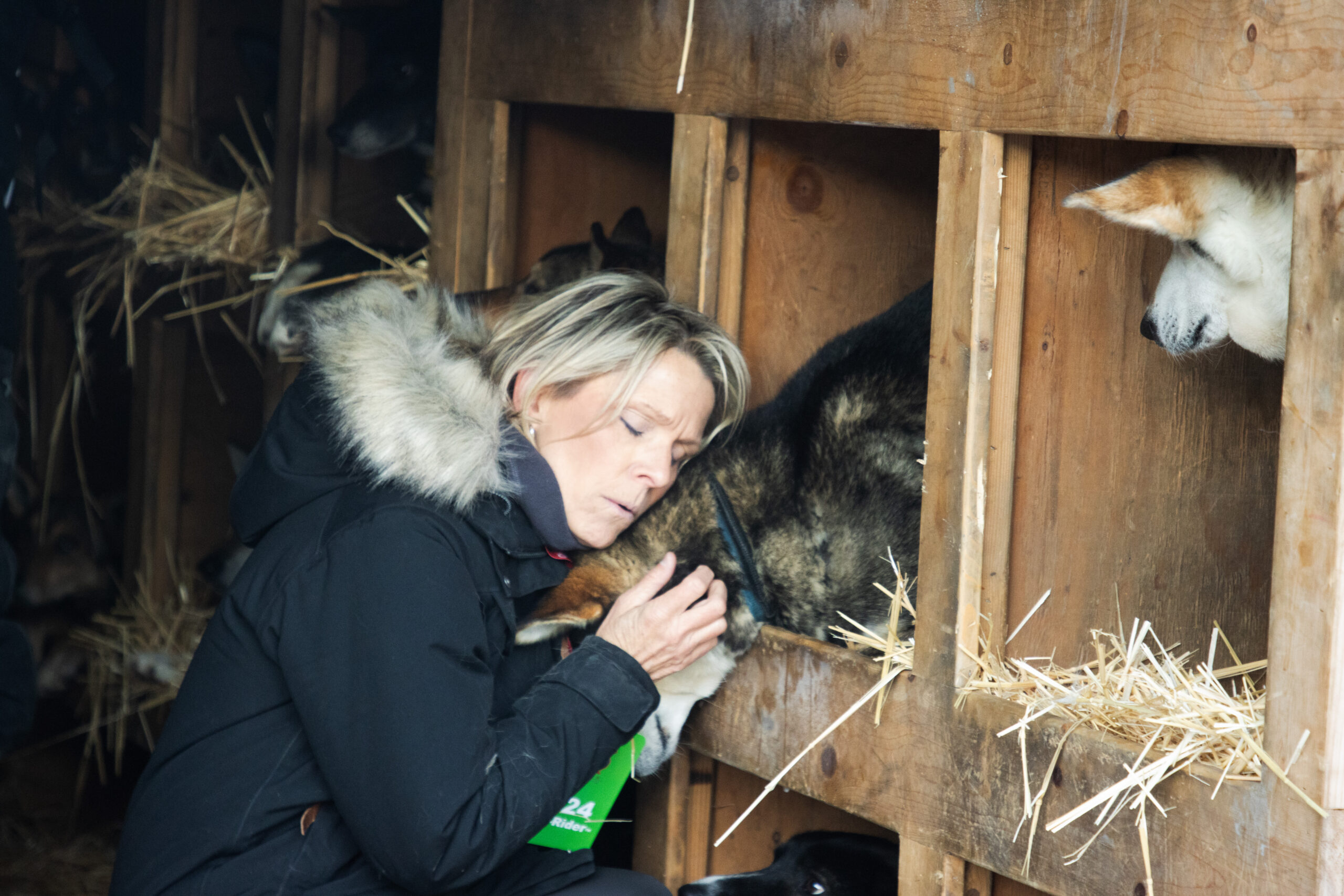 A woman with blonde hair in a dark coat comforts a dog that is in a shared crate with other dogs on a bed of straw.