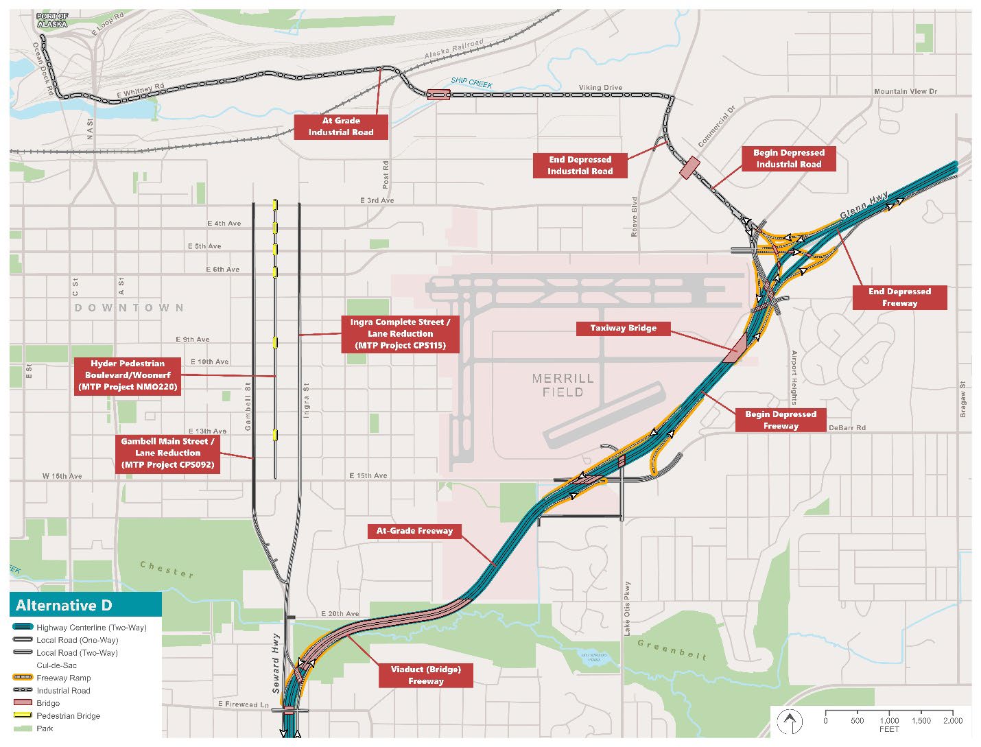 A map showing how the Seward and Glenn highways could be connected with a highway bypass in Airport Heights