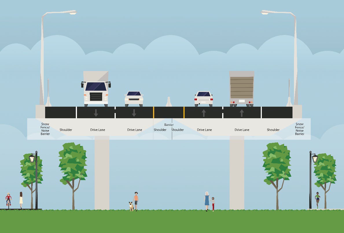 a cross section illustration of a highway over a park