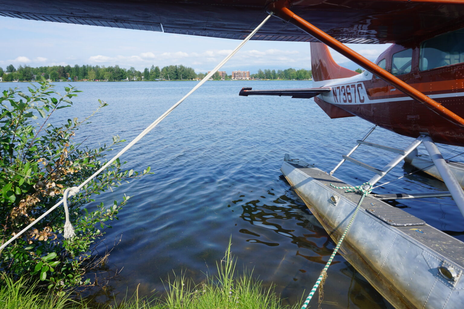 a floatplane tied in the water