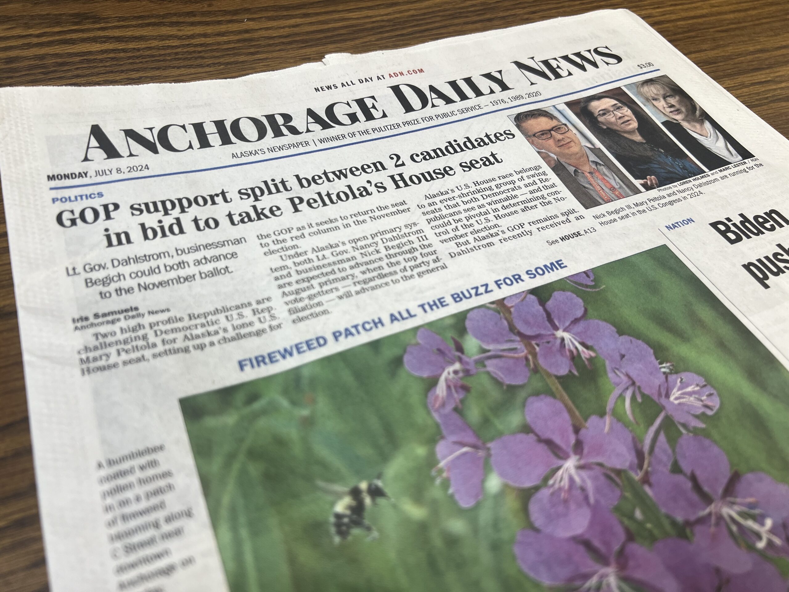 A photograph of nan beforehand page of nan Anchorage Daily News for Monday, July 8, 2024.