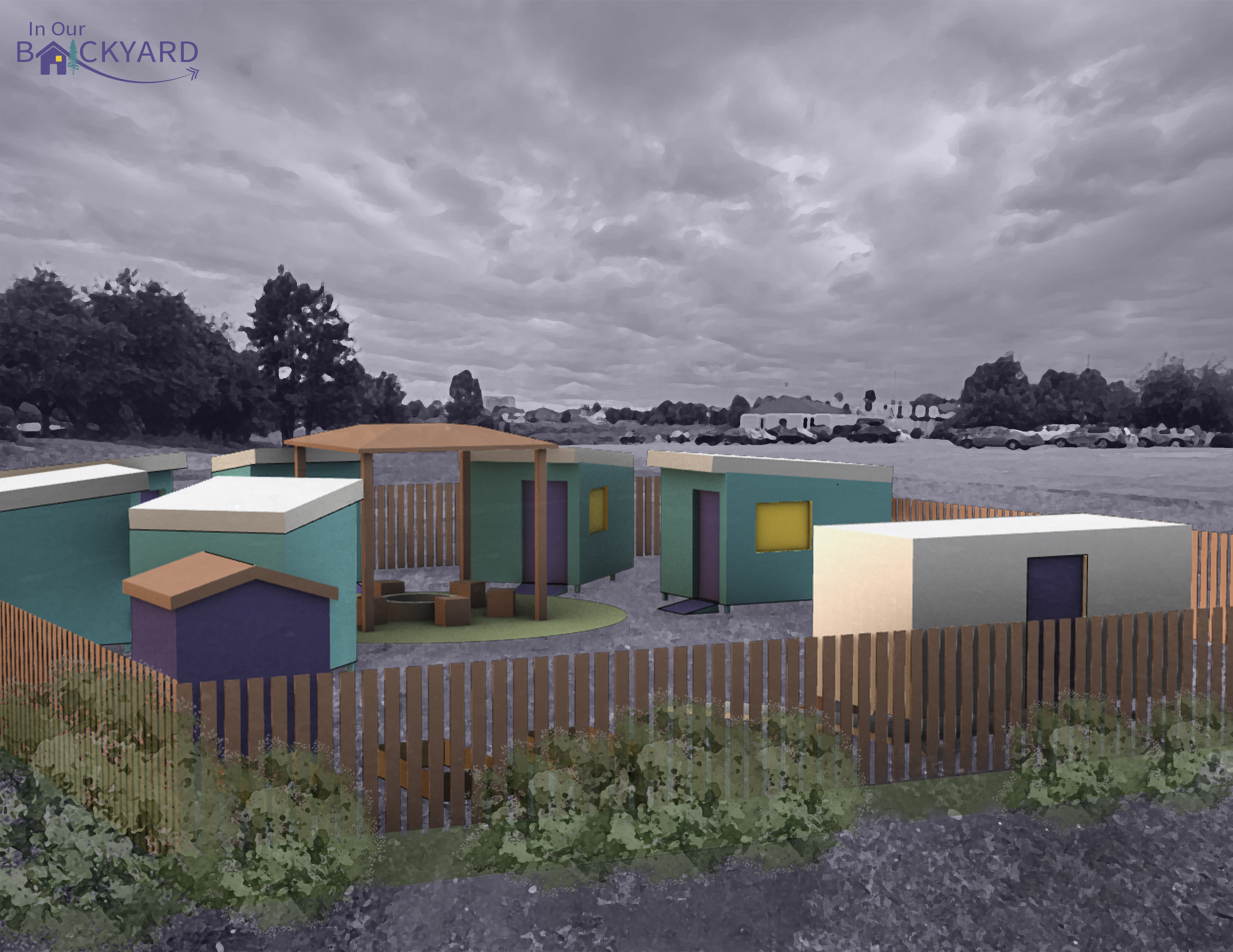 a rendering of some fenced off tiny homes near a church