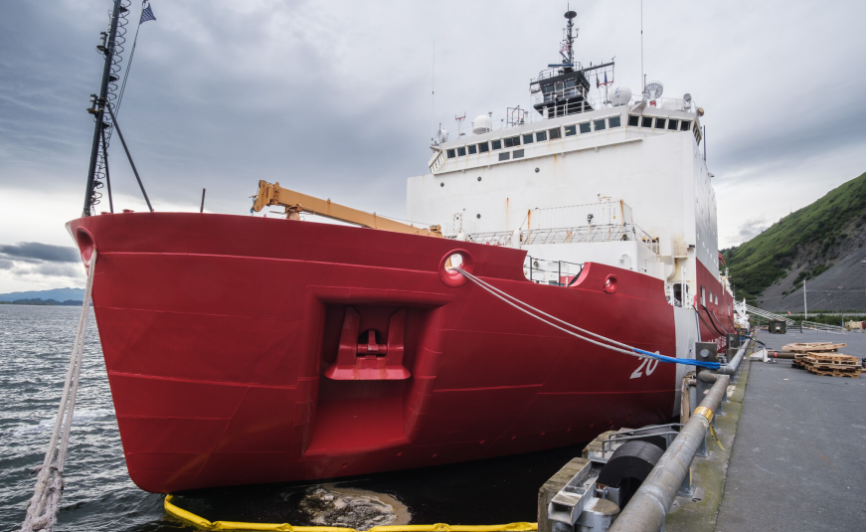 United States Coast Guard Cutter Healy docked astatine Kodiak's Pier 2