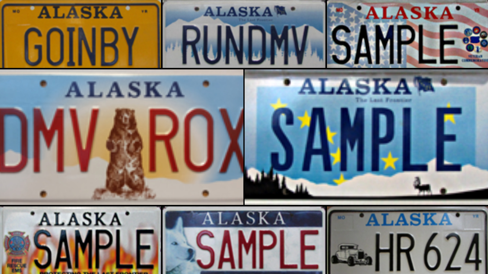 a collage of sample Alaska licence plates